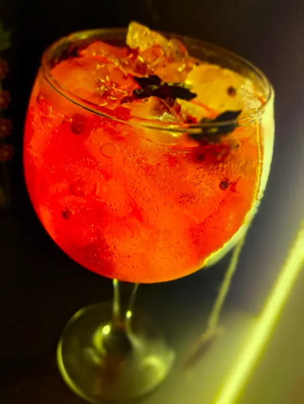 Drink Gordons com frutas vermelhas servido no Mugs Germânia